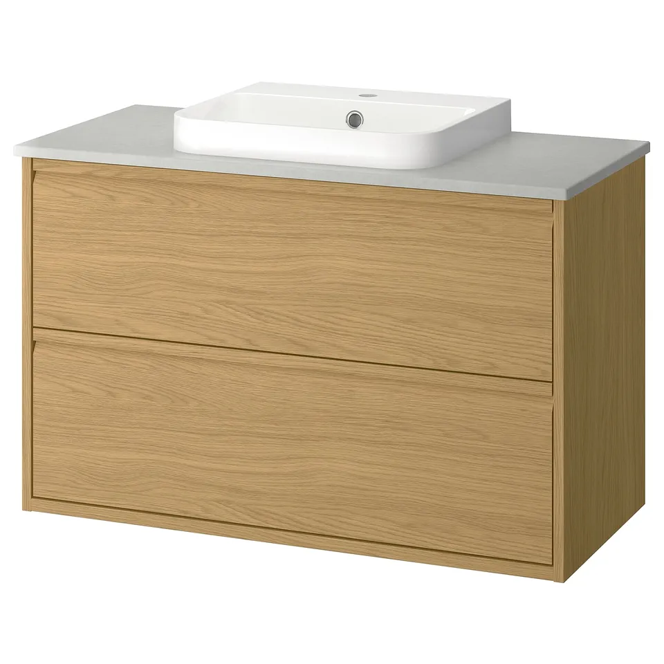 Modern oak bathroom vanity, light wood & white, rectangular shape, two drawers, wall-mounted, minimalist design.