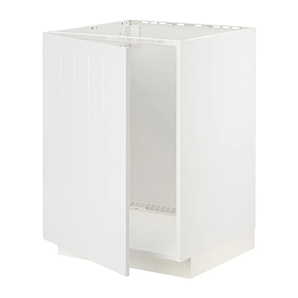 A white ikea METOD kitchen cabinet with a frame construction and snap-on hinges, designed to hold built-in appliances or a sink.