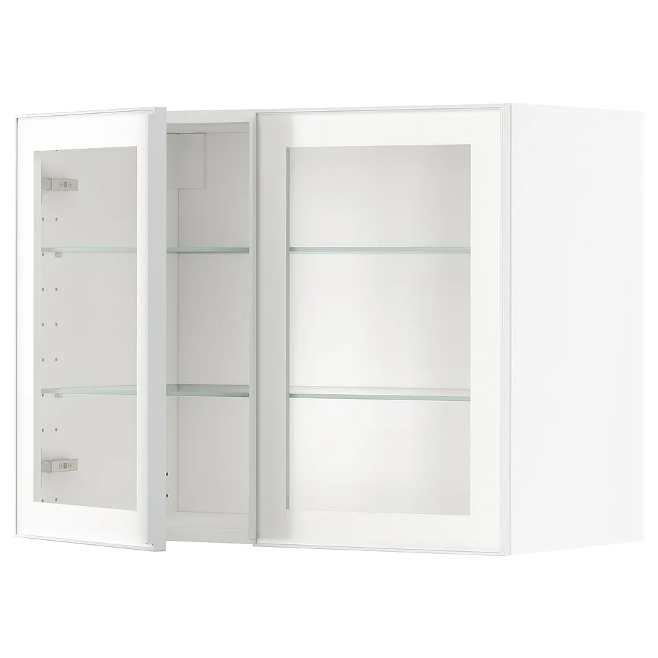Modern white wall cabinet with glass door and metal frame, classic design, adjustable shelves.