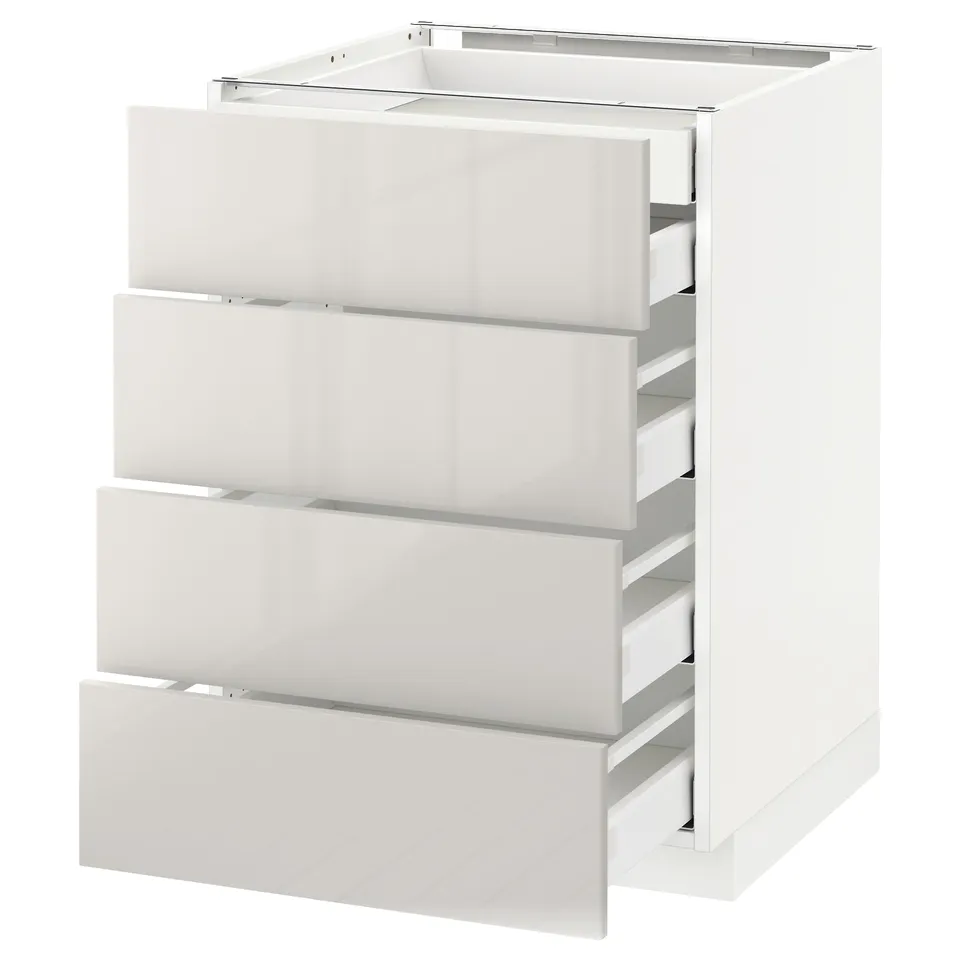 A white METOD kitchen cabinet with smooth, glossy drawers in a modern, clean design. Four drawers are visible.