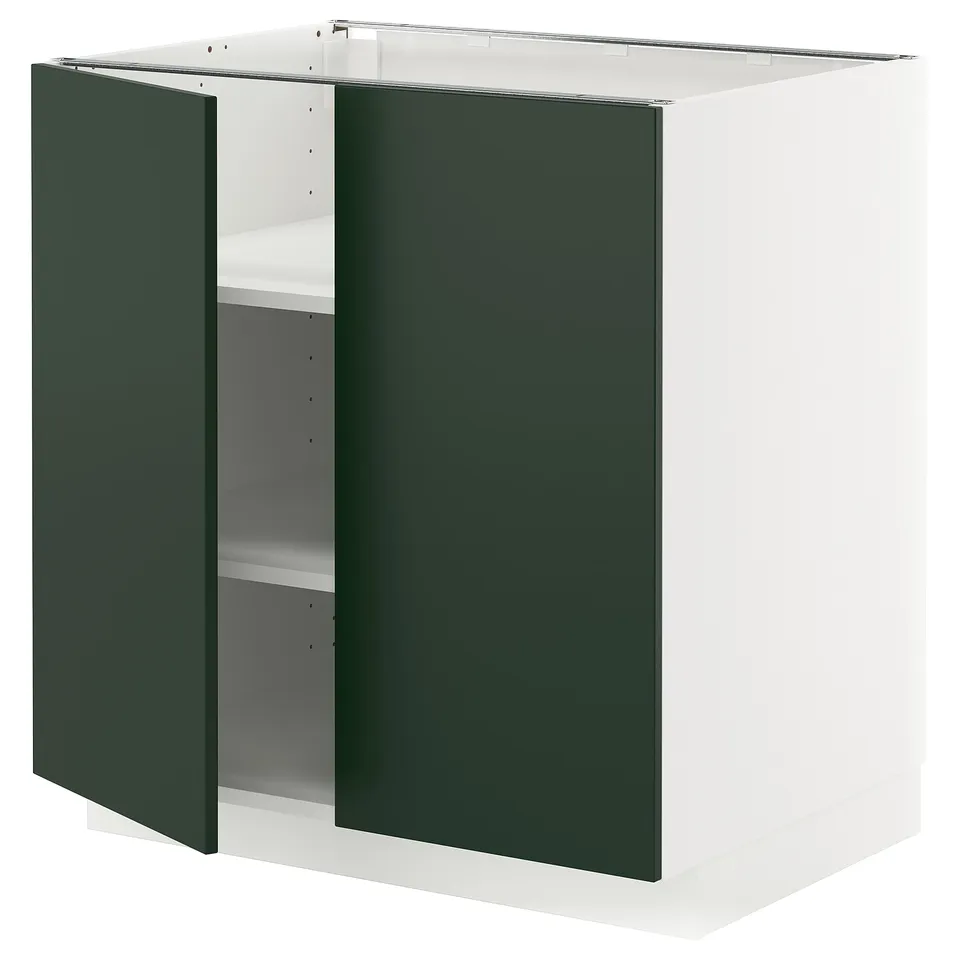 Displays an ikea METOD kitchen cabinet with dark green havstorp doors and a white frame, featuring a modern and sleek design.