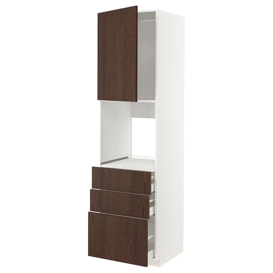 METOD kitchen unit with dark brown wooden drawers and cabinet.