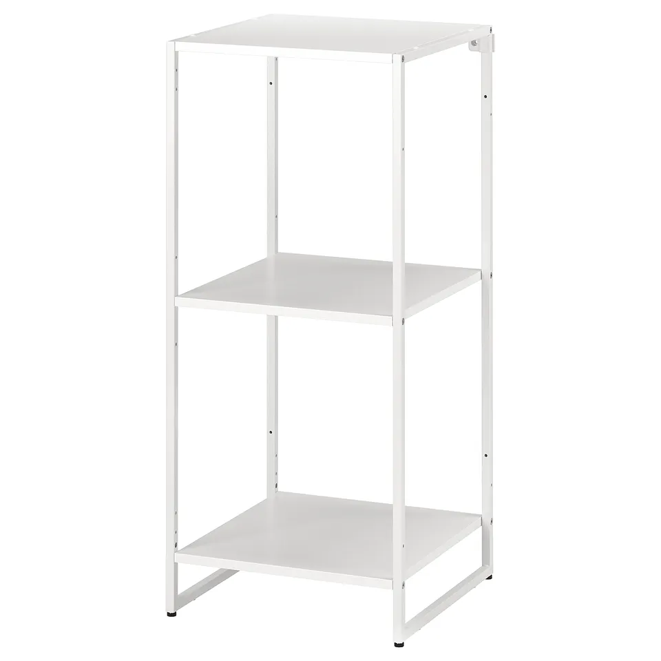 A white JOSTEIN storage shelf with three square shelves made of durable steel, ideal for indoor and outdoor use.