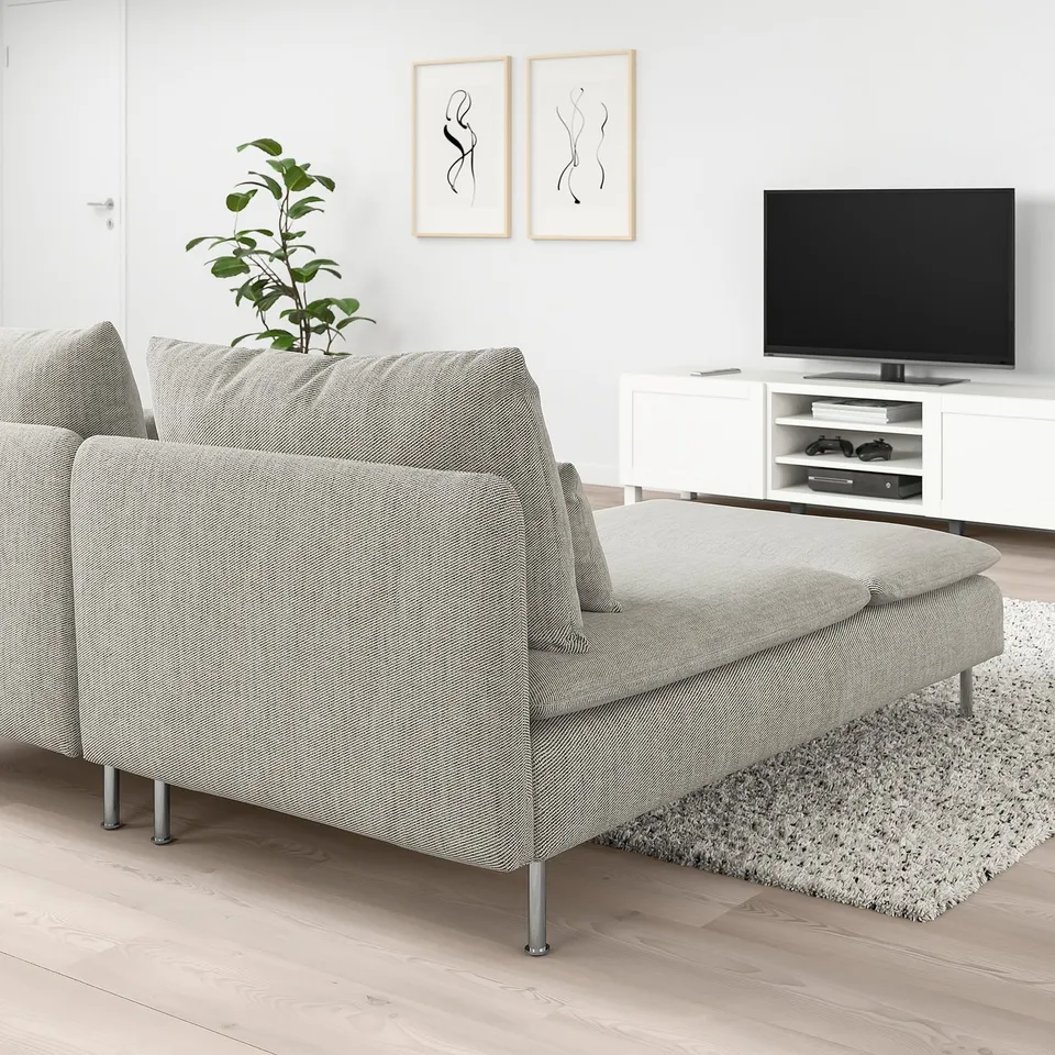 Modern living room with light grey SÖDERHAMN sofa sectional and tv stand, minimalist decor.