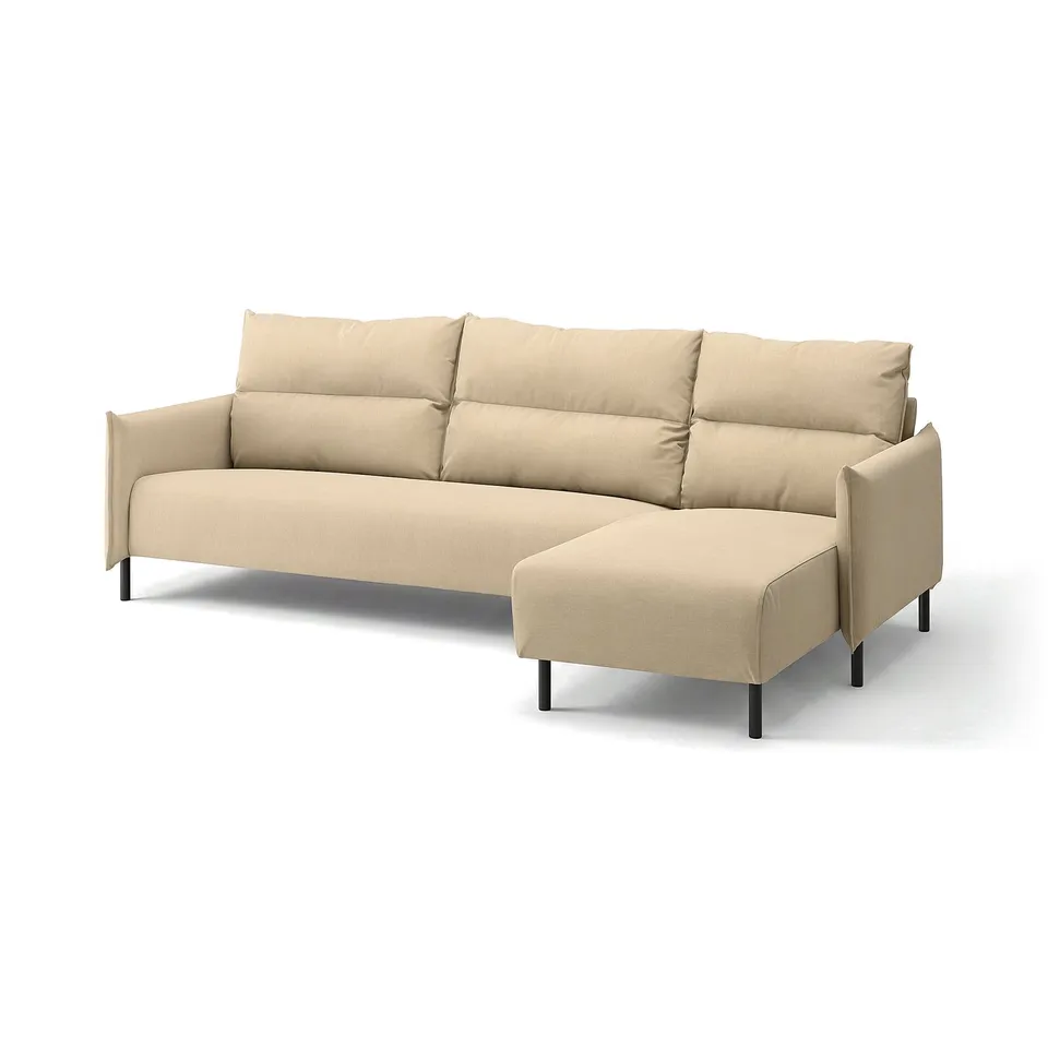 MANNARP beige sofa with chaise, modern design, comfy cushions, dark legs.
