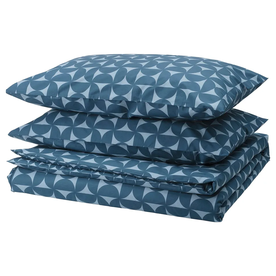 ÄNGSNEJLIKA bed set, blue with geometric print, folded with two pillows, cotton-viscose blend.