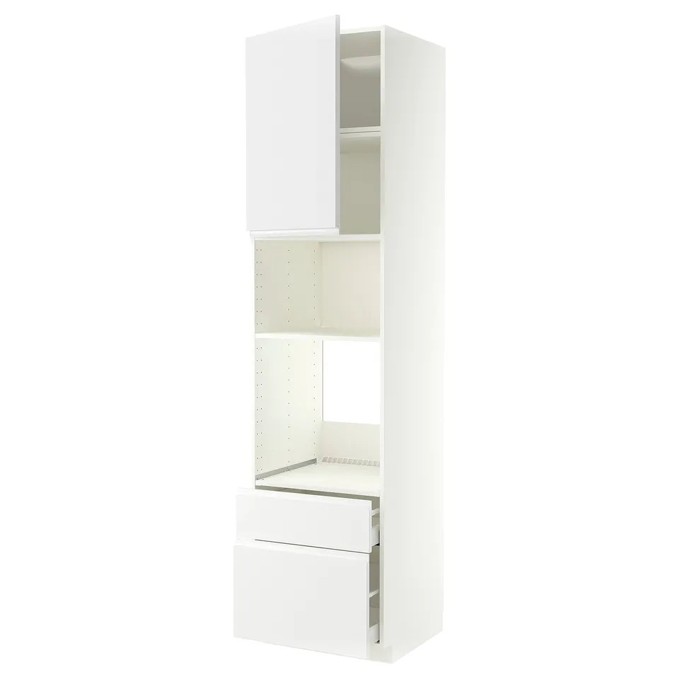 METOD kitchen unit in matte white with shelves, drawers, and minimalist design.