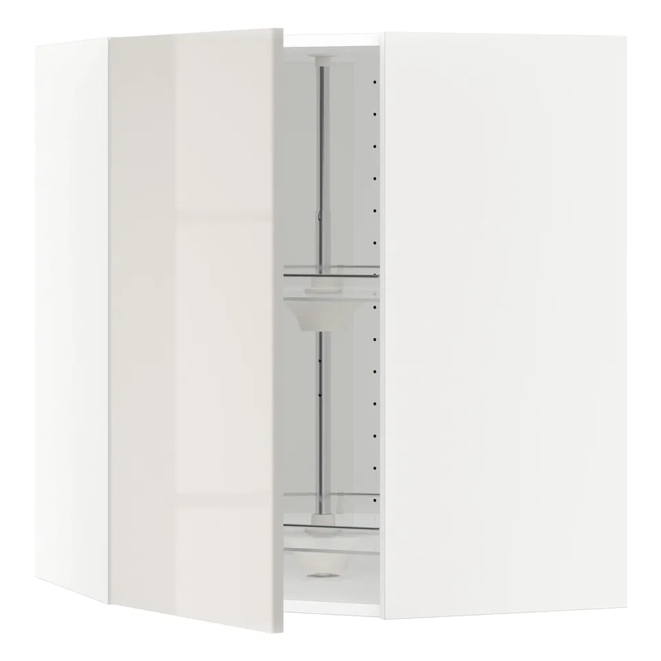 Modern high-gloss METOD kitchen cabinet, open with glass shelf.