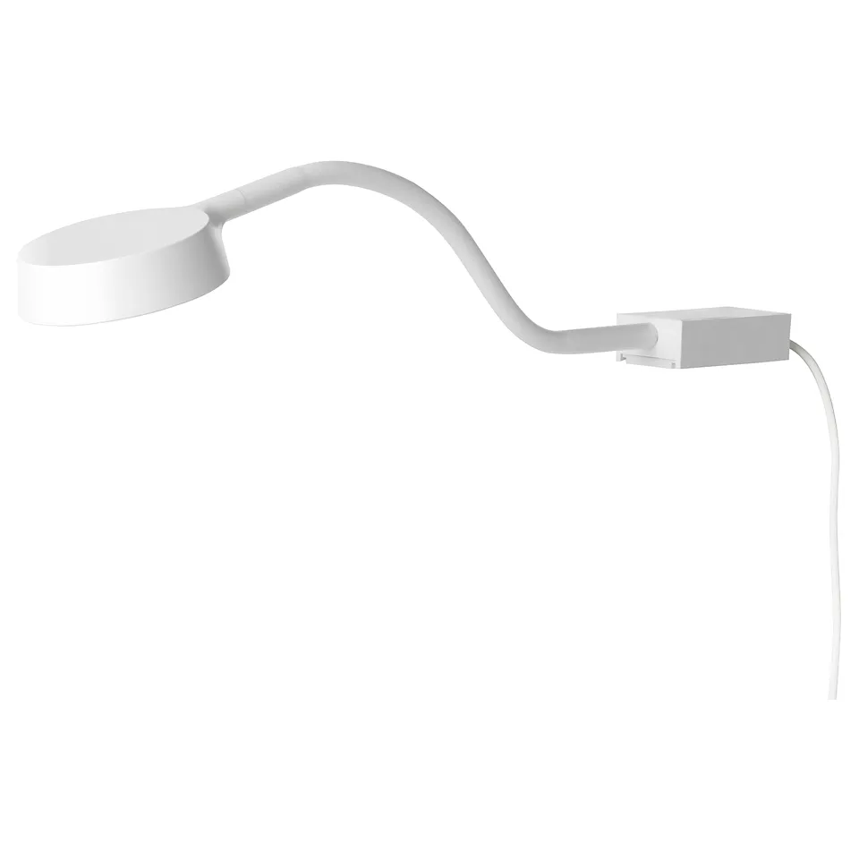 White YTBERG wall lamp with flexible arm, mounting bracket, radius shape, sleek design.