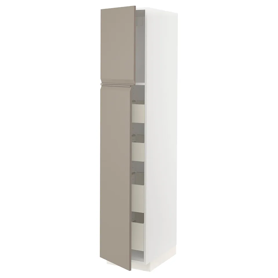 Modern grey-beige tall storage cabinet with multiple shelves.