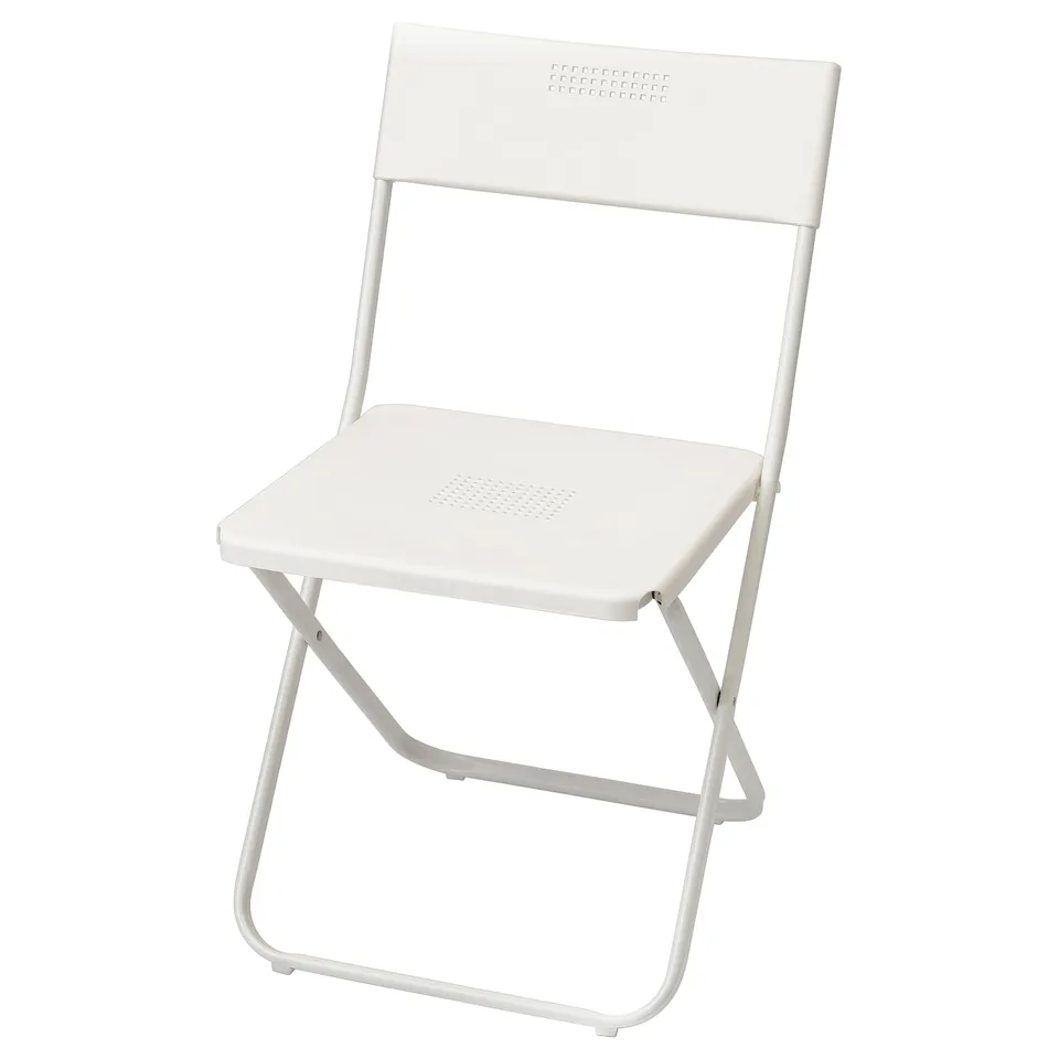 A white foldable chair named FEJAN. Its minimalist design a powder-coated steel frame, plastic seat and back, ideal for small spaces.