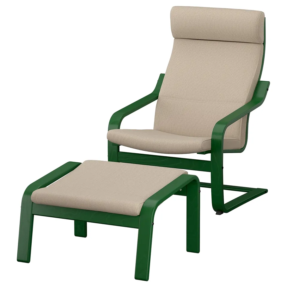 POÄNG: green armchair with footrest, beige cushions, curved wooden design.