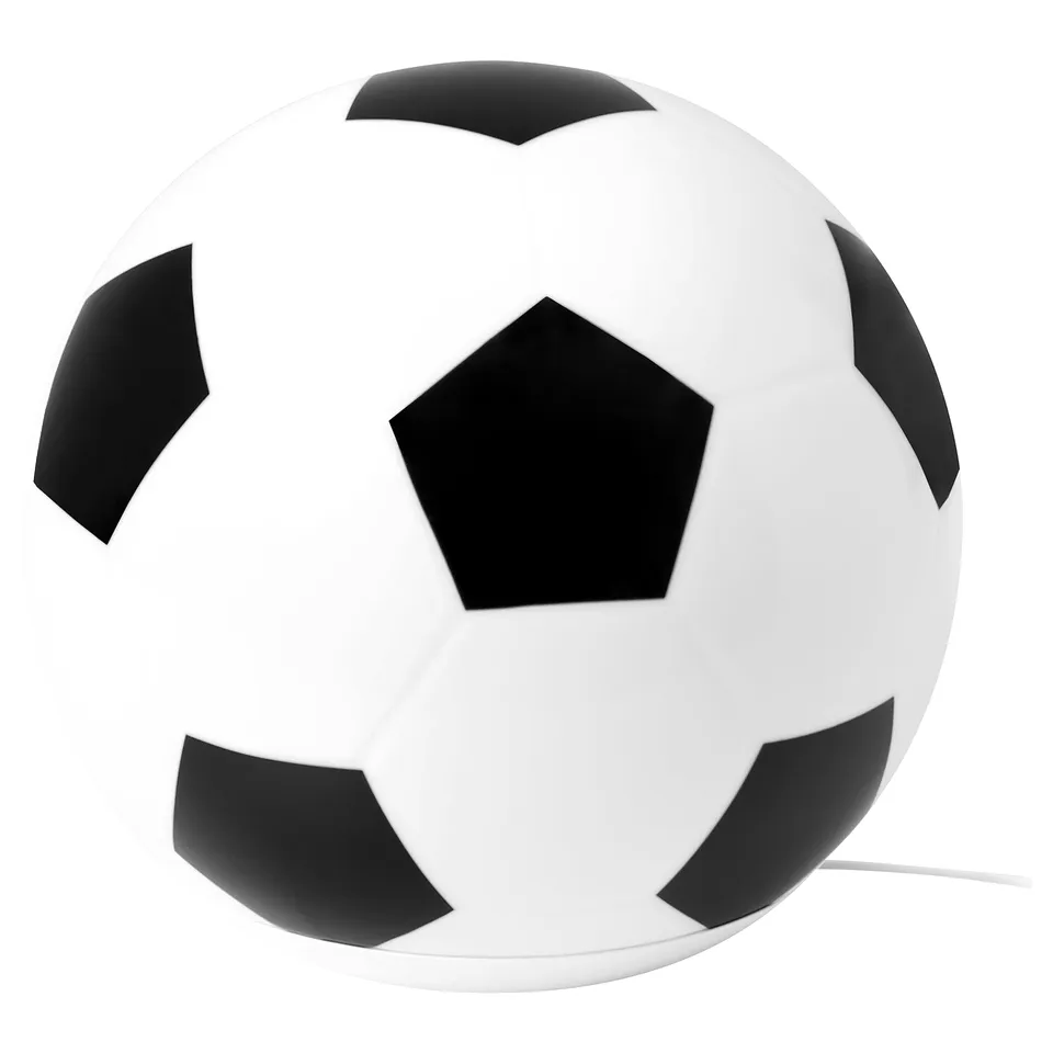 Football-shaped lamp with black pentagons and white background for football fans.