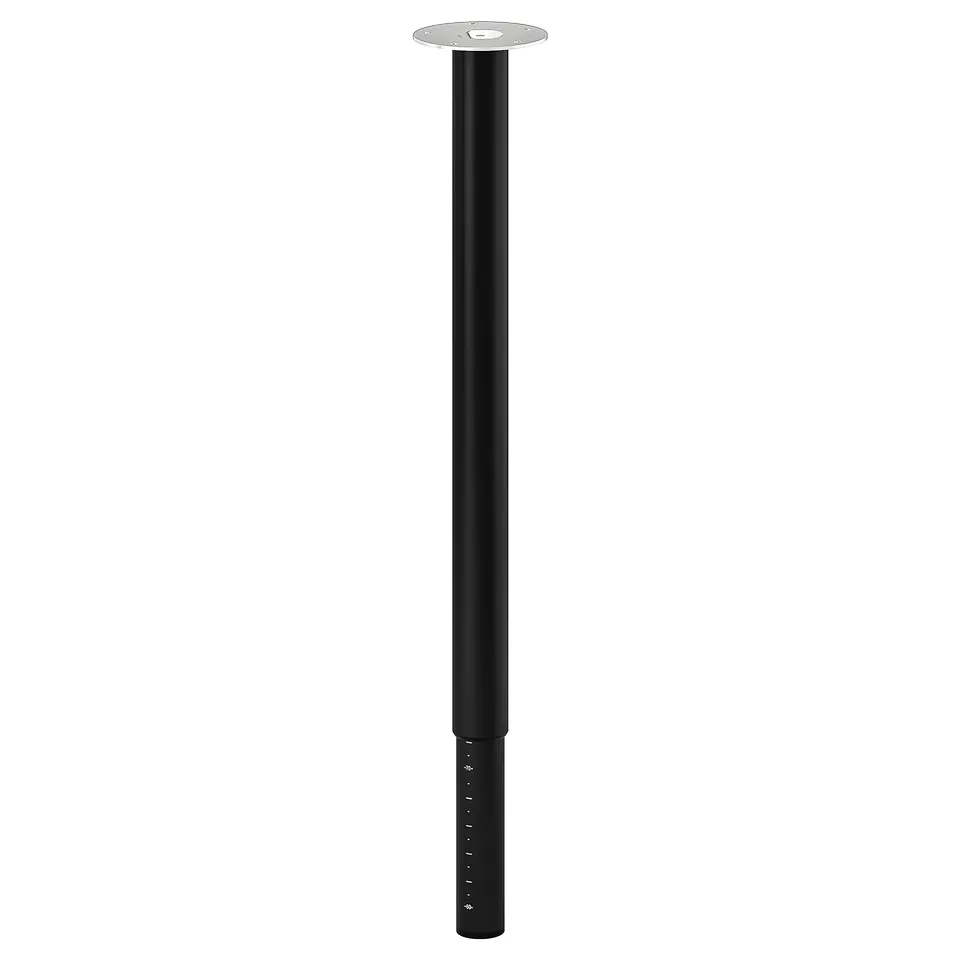 A black LINNMON table leg, adjustable, in a sleek design with a metallic top plate.