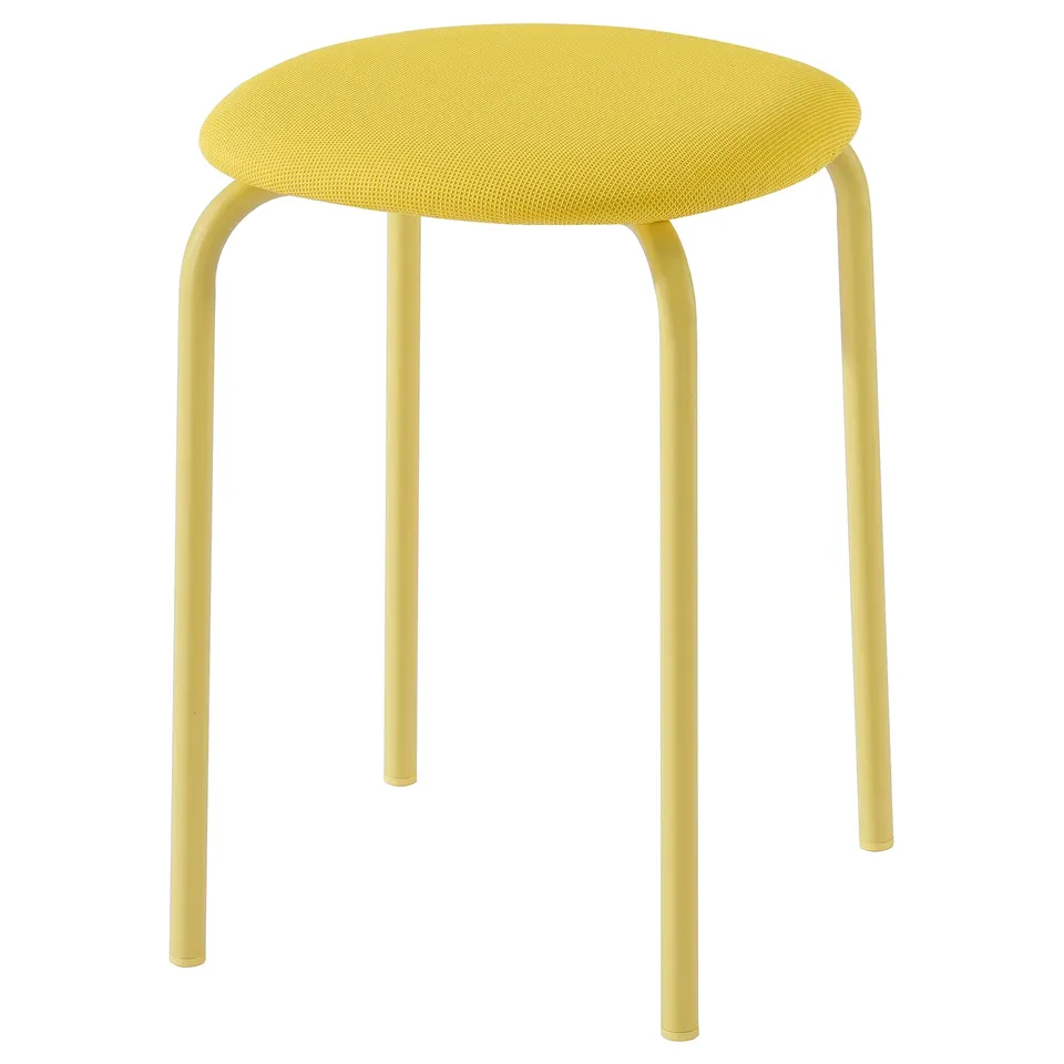 Yellow GULTARP stool, round, upholstered seat, 4 metal legs, stackable.