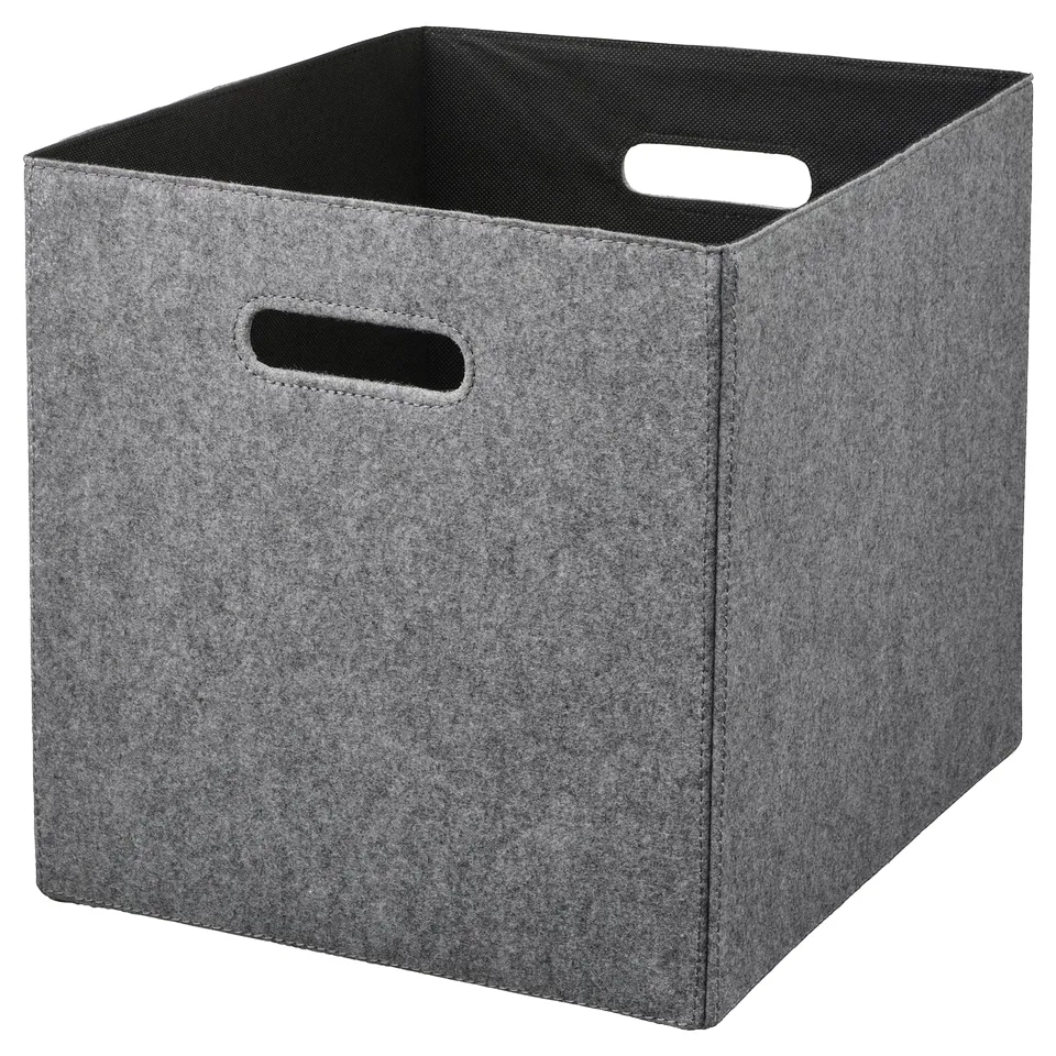 Grey felt storage box with handles, designed for kallax shelving, soft, rectangular.