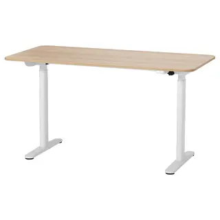 BOLLSIDAN desk sit/stand, electric white stained oak effect/white, Width 140 x Depth 70 cm