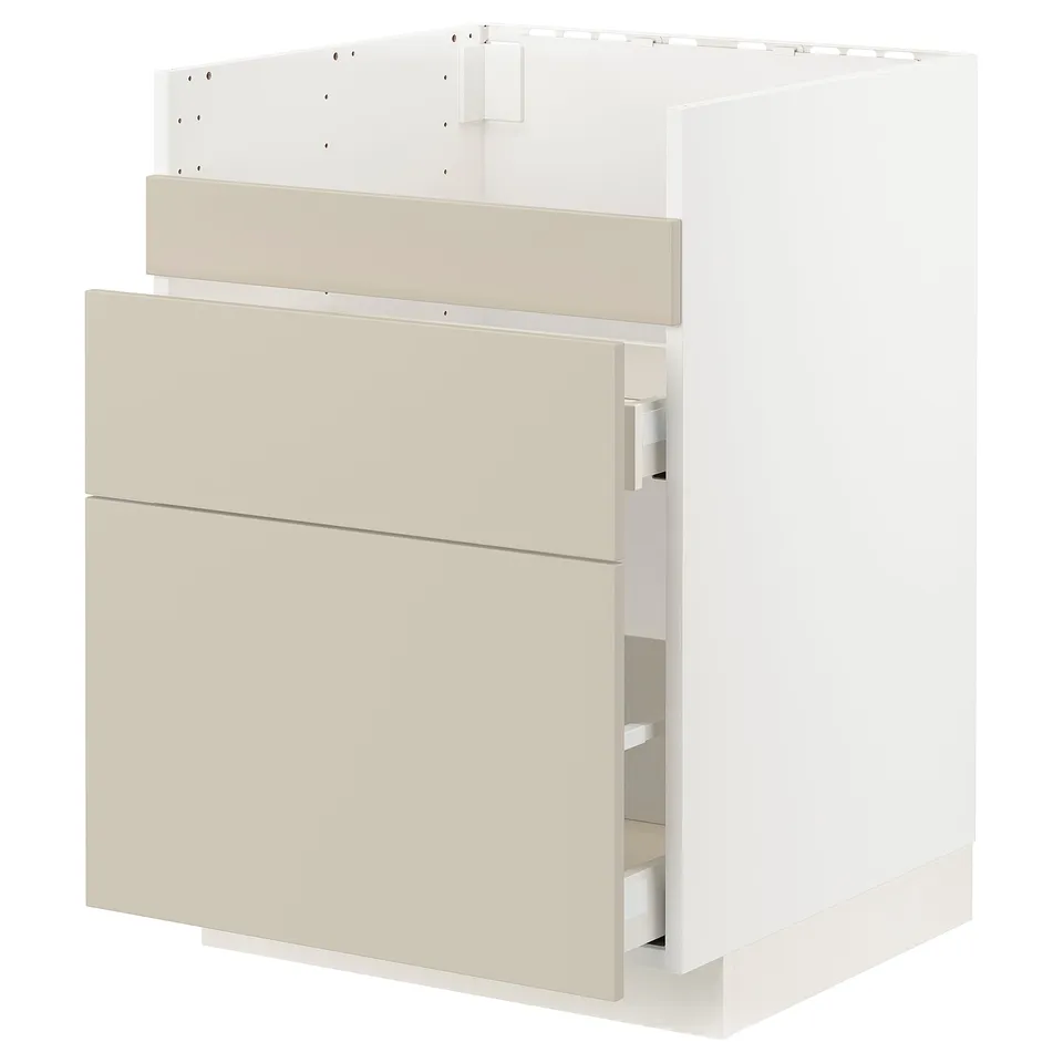 Modern beige cabinet from ikea METOD line, white frame, two drawers, minimalist design.