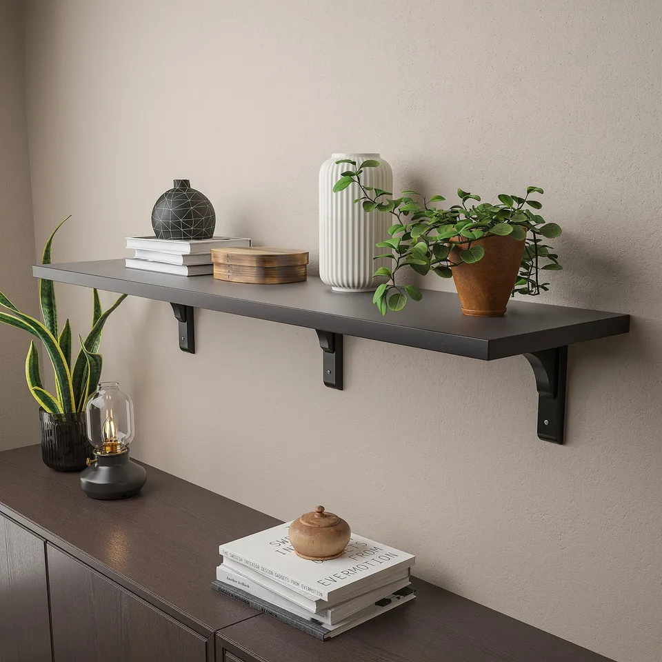 Image a wall-mounted shelf holding decorative objects. The shelf displays vases, plants, and stacks of books, creating a stylish display.