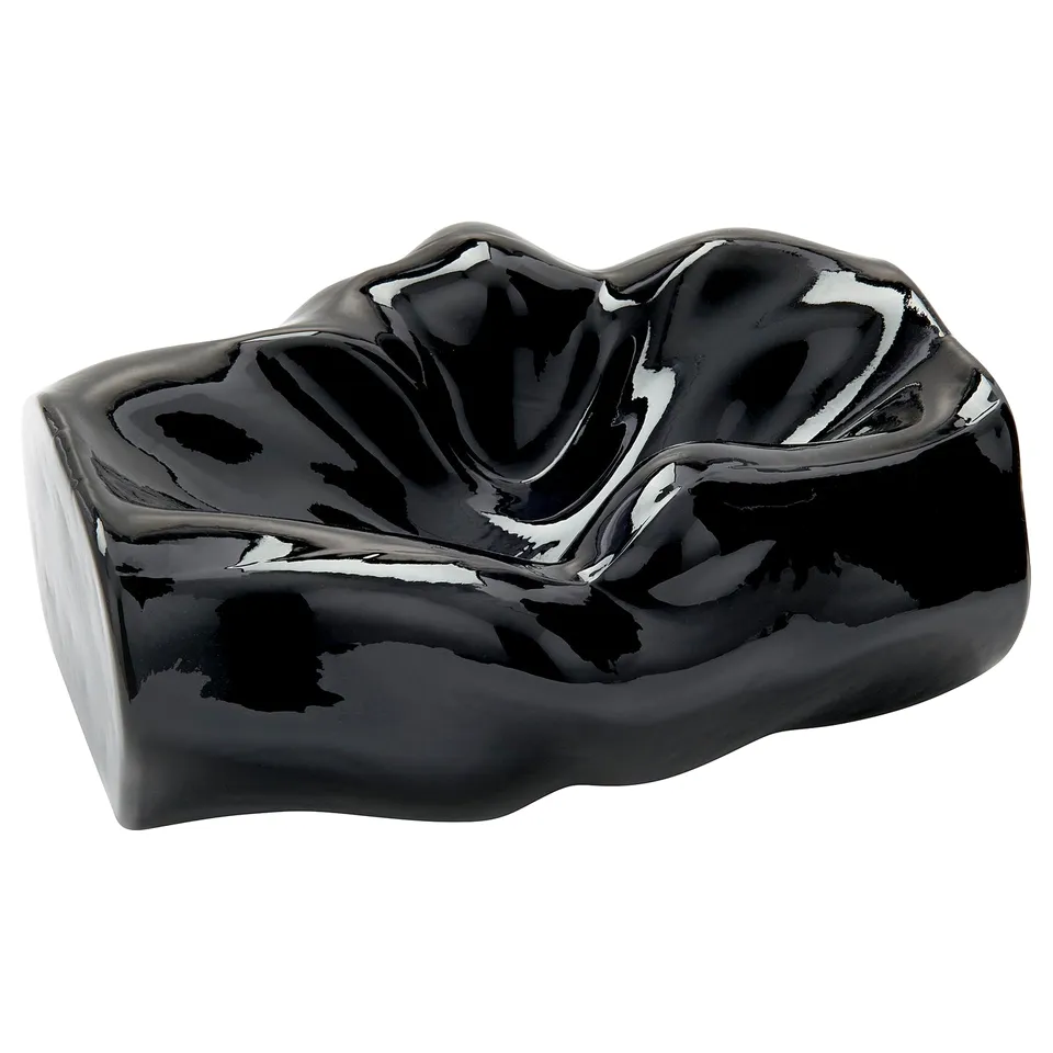 Black, glossy glass, organic shape, bowl-like KONSTRUNDA sculpture.