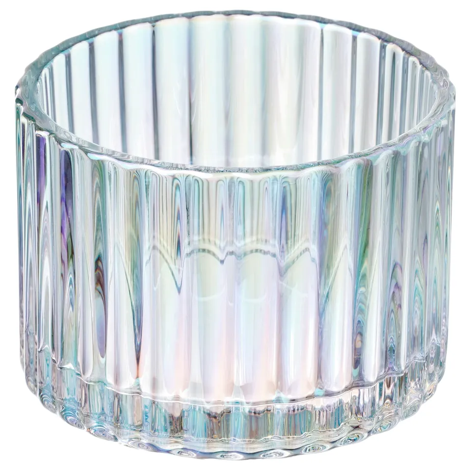 RÄFFELBJÖRK glass candle holder, clear with mother-of-pearl finish, grooved design, round shape.