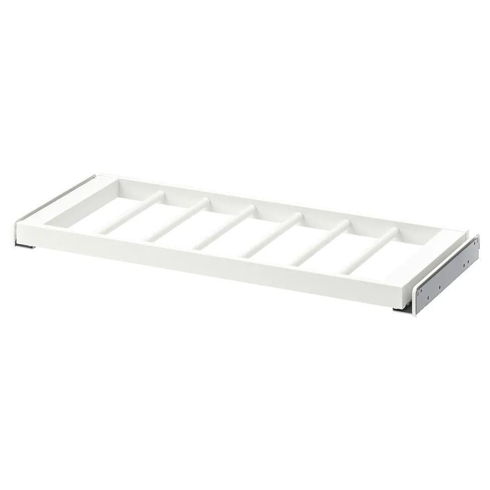KOMPLEMENT white trouser hanger. Sturdy, provides easy access to clothes. Made from epoxy powder coating on steel & fiberboard.