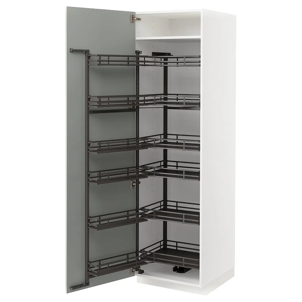 White METOD kitchen cabinet with pull-out grey shelves.
