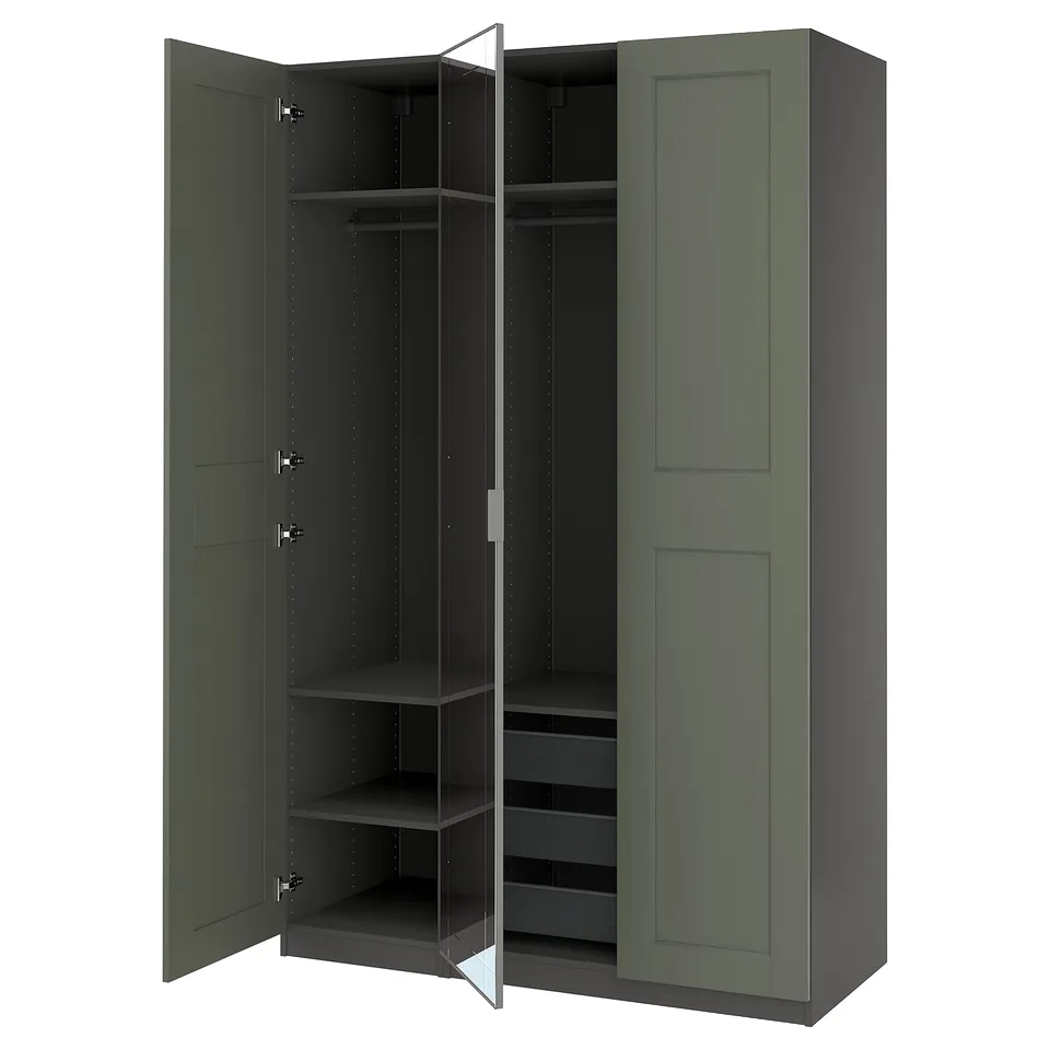 Green PAX wardrobe, 3 doors - mirrored centre. Modern, tall, rectangular. Has shelves & mesh baskets.