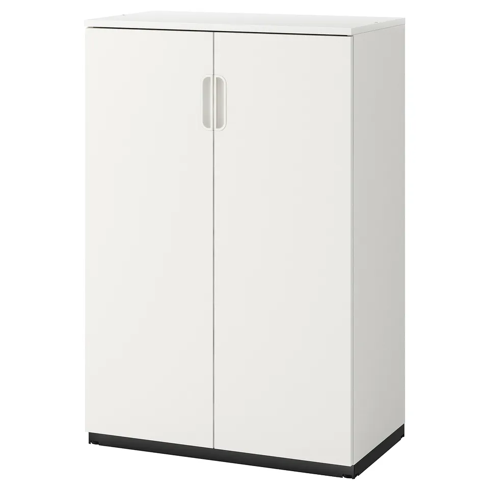 A white GALANT cabinet with two doors. It has a sleek, rectangular design with a modern look and a black base.