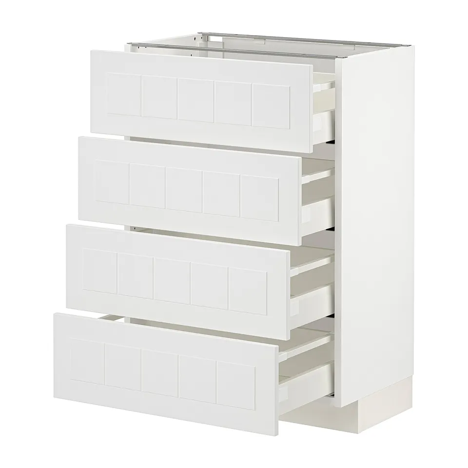 White METOD kitchen unit with four open drawers, sleek and modern design.