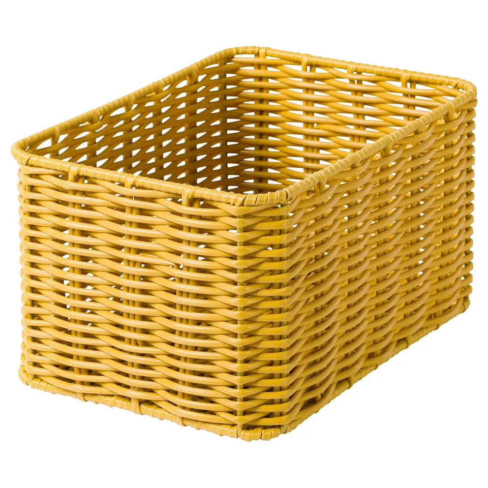 Yellow wicker basket, recycled plastic & steel, elegant handcraft design.