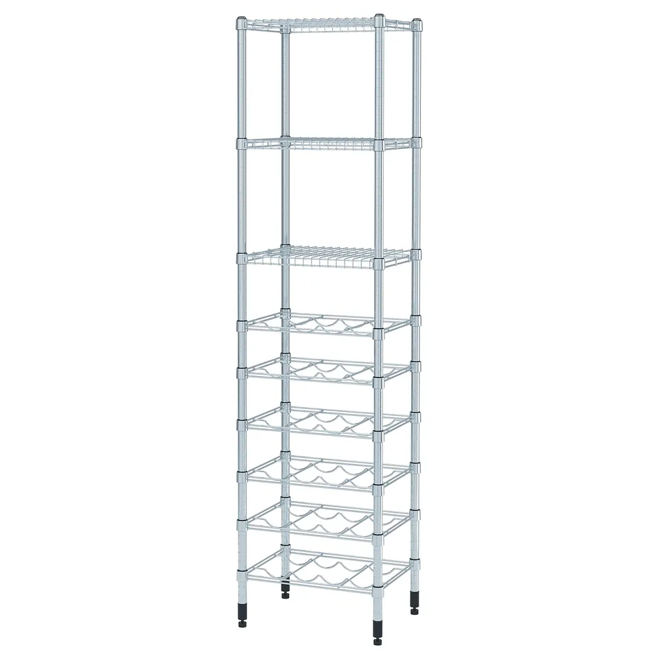 An OMAR silver metal shelving unit with adjustable, tiered shelves. It stands on adjustable feet for stability.