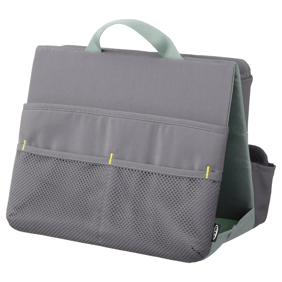 Grey, mesh-sided study organiser with handle and green accents.