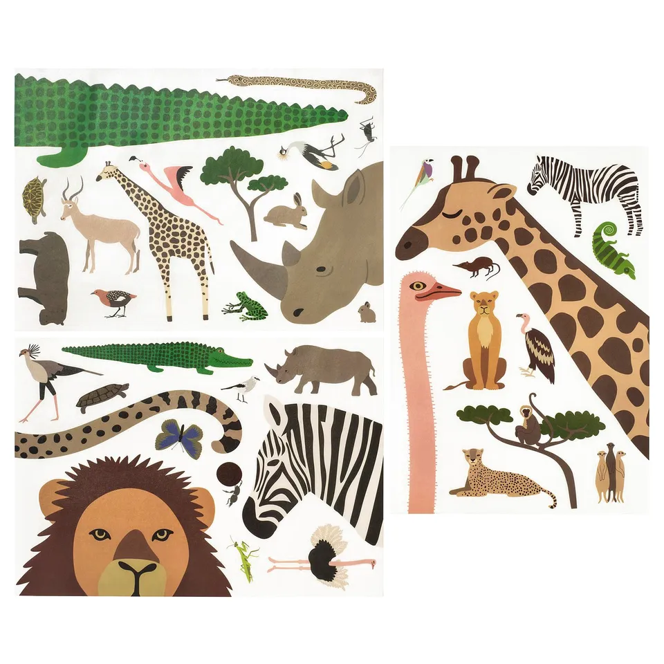 Kids safari wall stickers: giraffe, zebra, lion in colours & sizes. Adds fun to savannah-themed rooms.