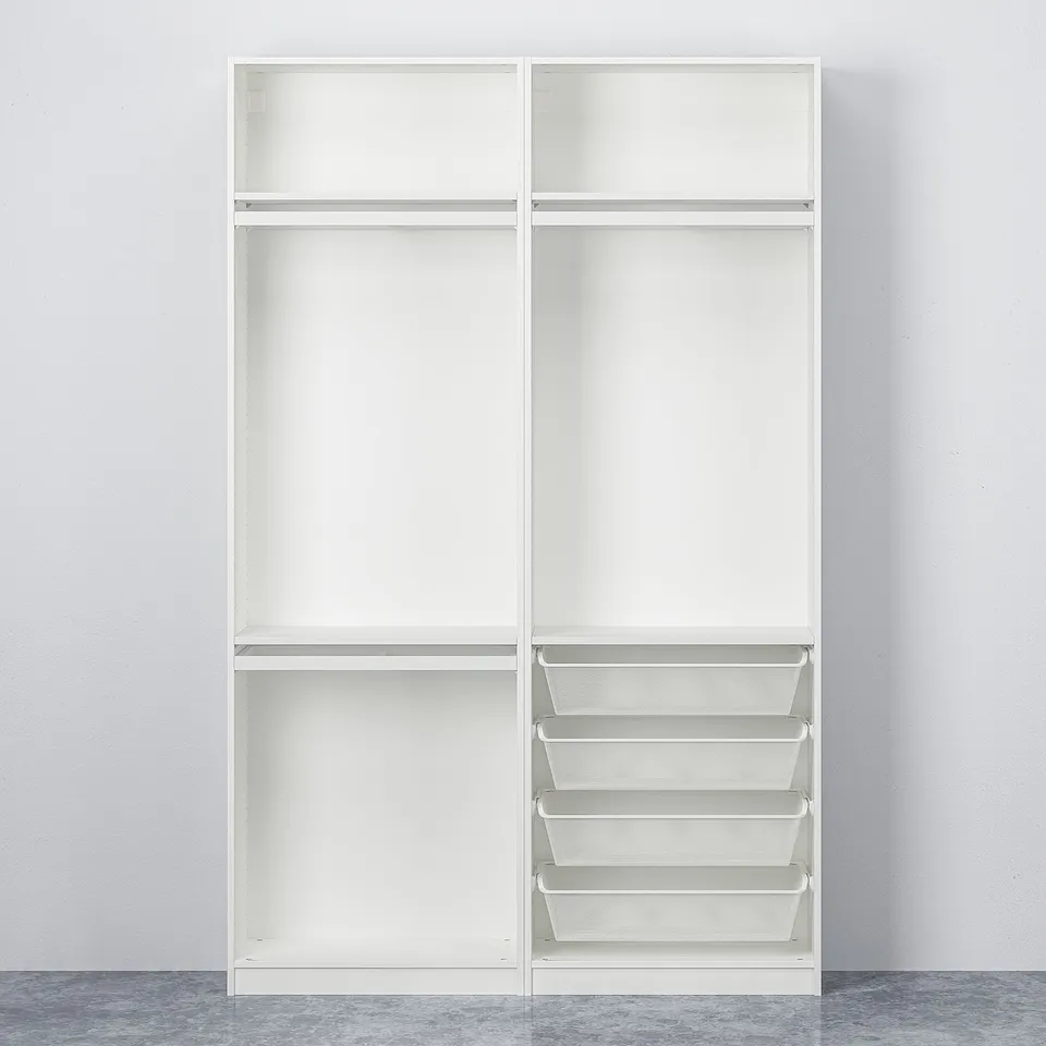 White PAX wardrobe with mesh drawers, sliding doors, and adjustable shelving.