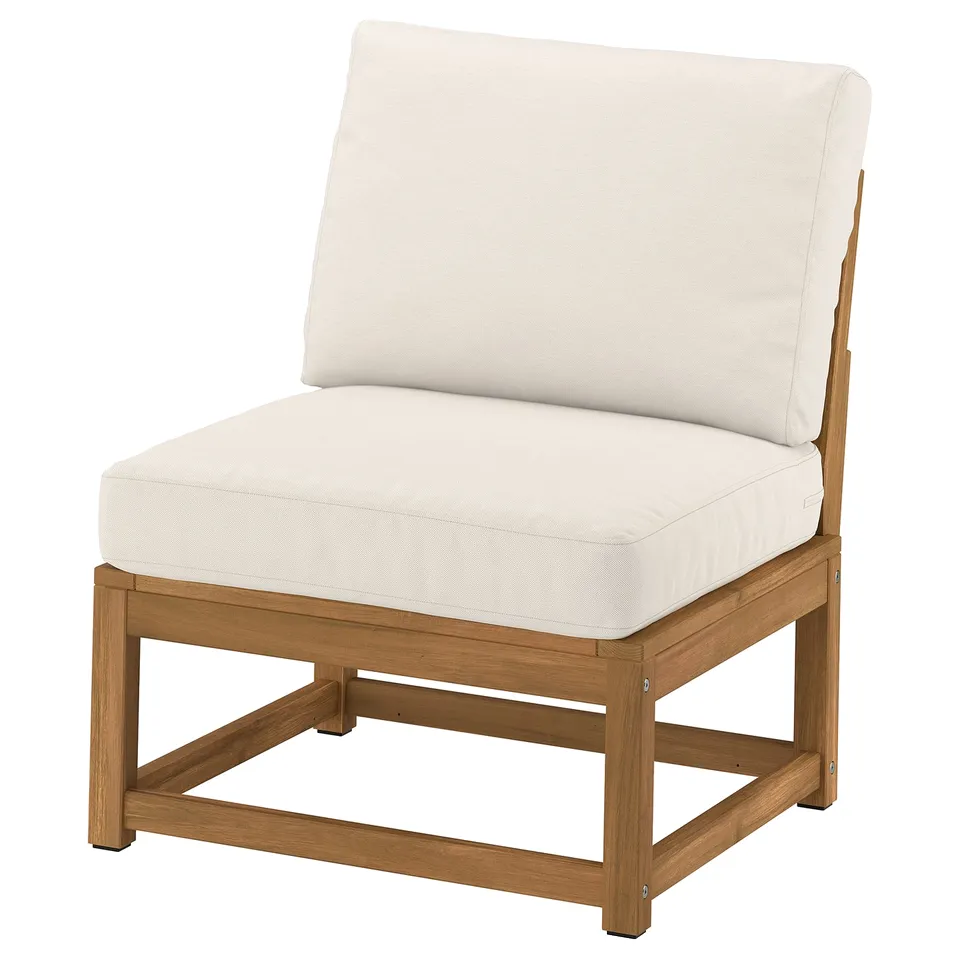 A NÄMMARÖ outdoor chair in natural colour, made of acacia wood with cushioned seating, showcasing a modern design.