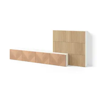 BESTÅ media storage combination, white Björköviken/Hedeviken oak veneer, 300x42x114 cm