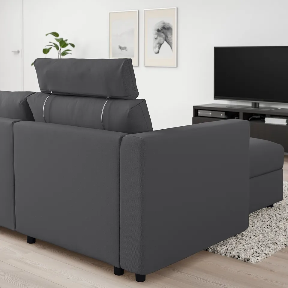 Modern grey VIMLE sectional sofa in living room, 3-pc set with large seat, chaise, adjustable headrest.