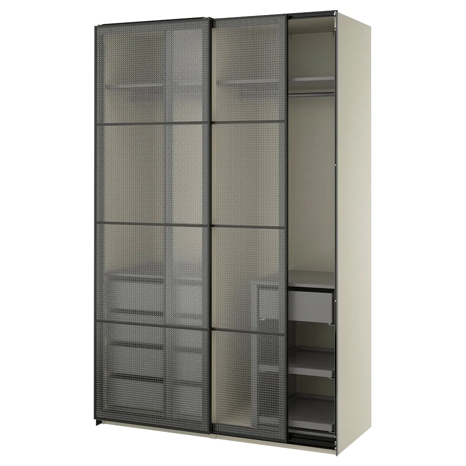 PAX / LUNDBRÄSMA Wardrobe with sliding doors, grey-beige black/checkered glass dark grey, 150x66x236 cm