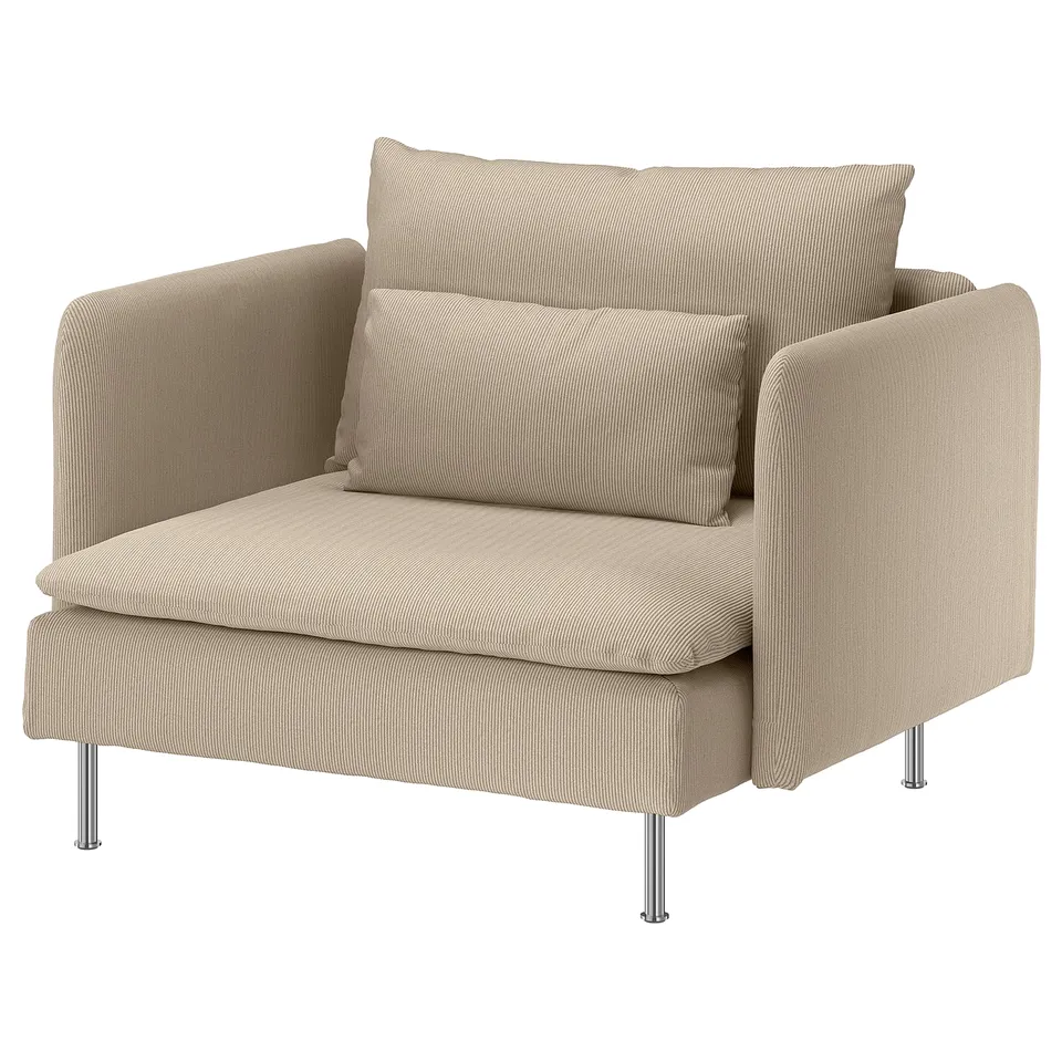 SÖDERHAMN beige armchair: modern, low-profile, soft design with high legs, four metal supports, and striped beige cover.