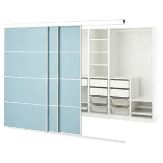 SKYTTA / PAX walk-in wardrobe with sliding doors, white double sided/Mehamn light blue, 276x160x205 cm