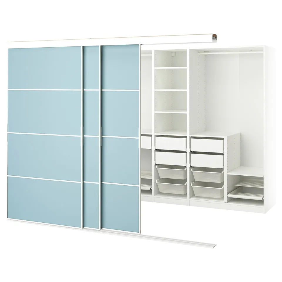 Modern white and blue wardrobe with sliding doors; four shelves, wire baskets, and drawers.