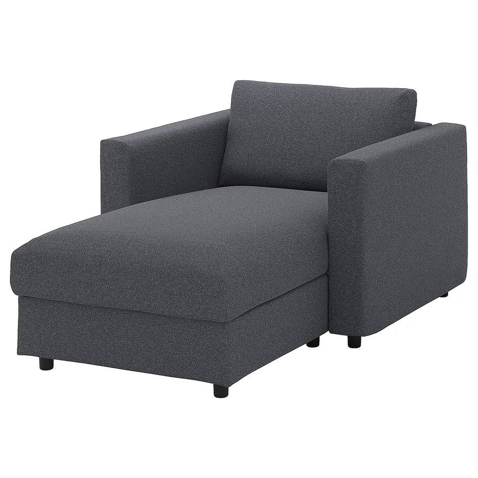 Dark grey VIMLE chair, modern minimalist design, arms, legs, machine-washable fabric.