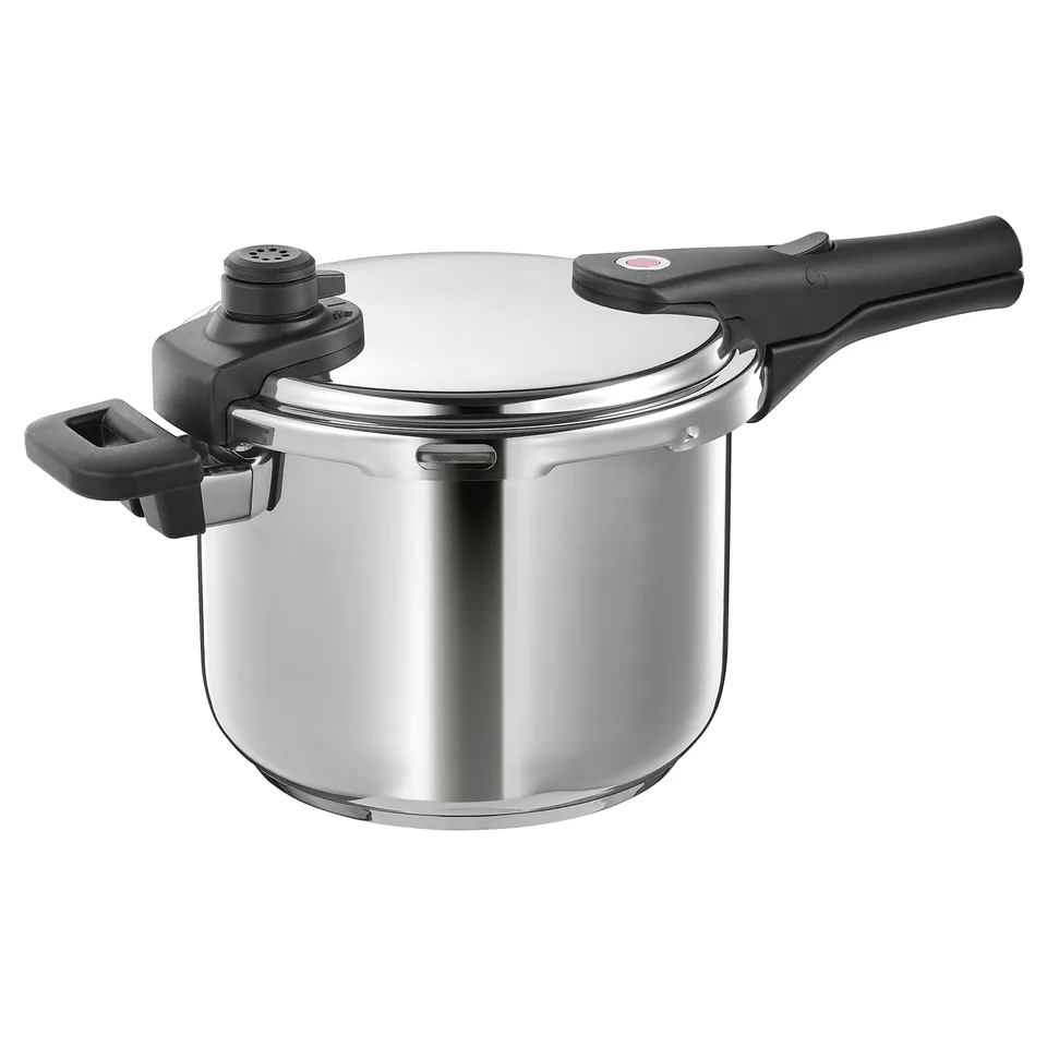 An IKEA 365+ silver stainless steel pressure cooker, equipped with black handles and safety.