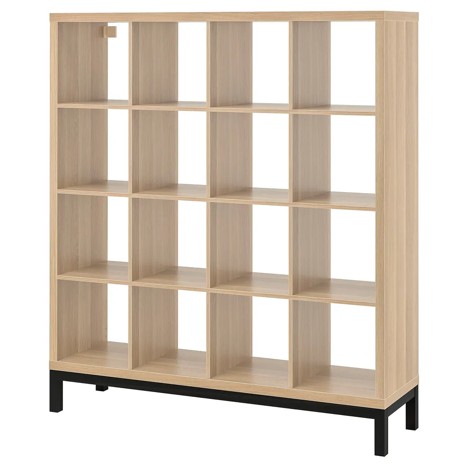A KALLAX light brown shelving unit with multiple square compartments and black legs, serving as a versatile room divider or storage solution.