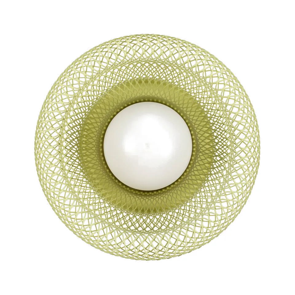 Modern spherical lamp with intricate green mesh, emitting soft, diffused light.