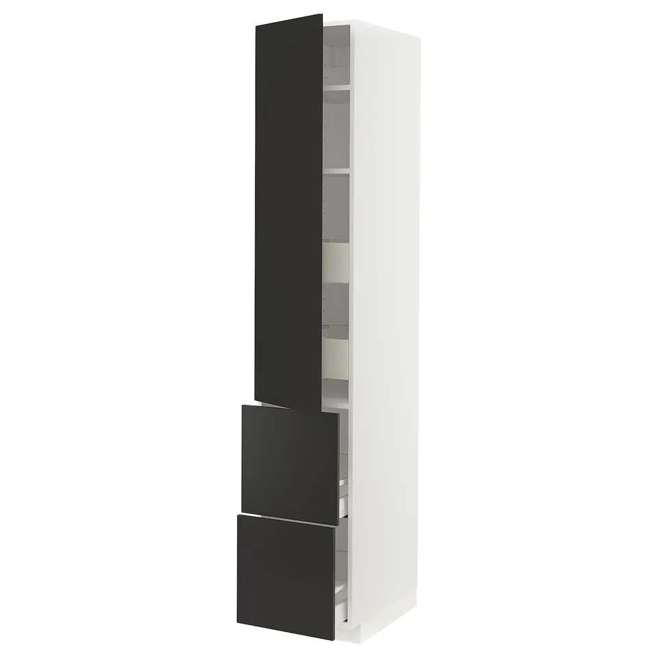 A modern, tall white cabinet with black drawers and shelves. It a minimalist design with a sleek, vertical shape.