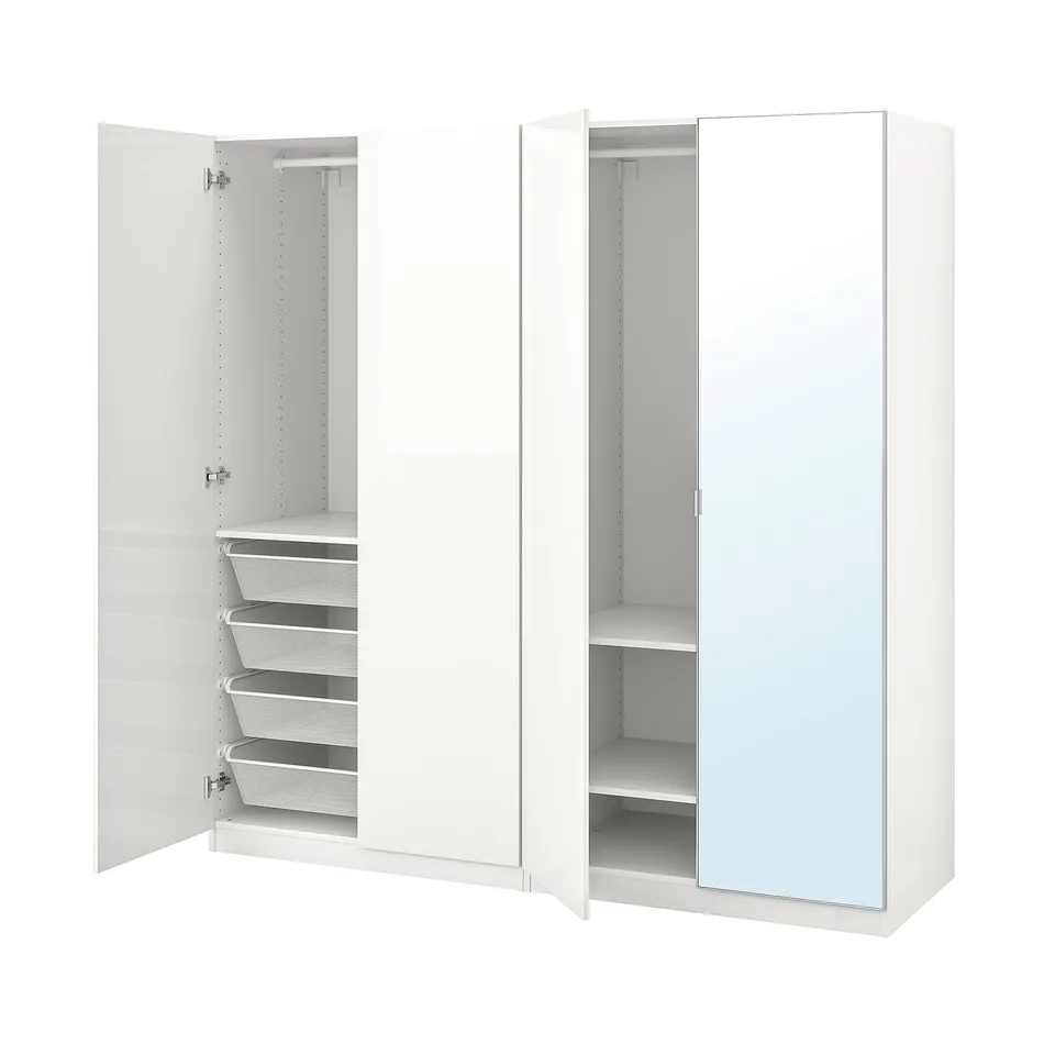 A white ikea PAX wardrobe with open doors, revealing storage shelves and mesh baskets.