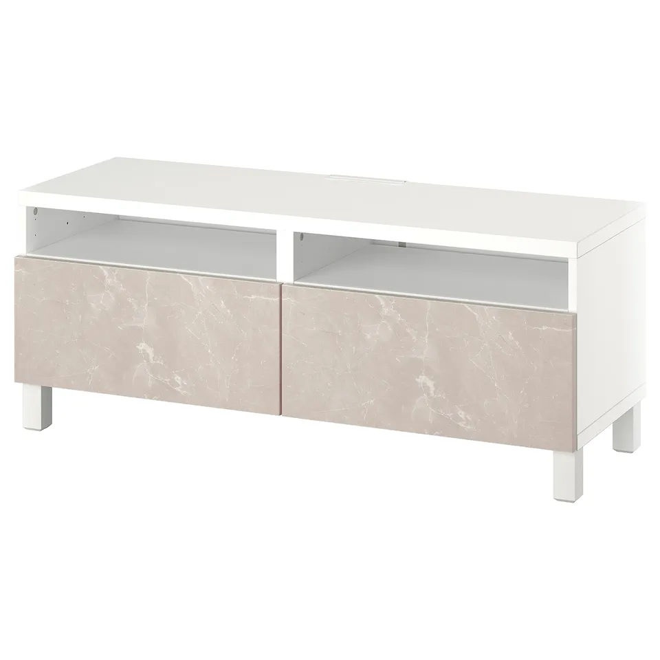 Modern white tv stand with marble-effect drawers. Slim, rectangular design with open shelves and cable management.