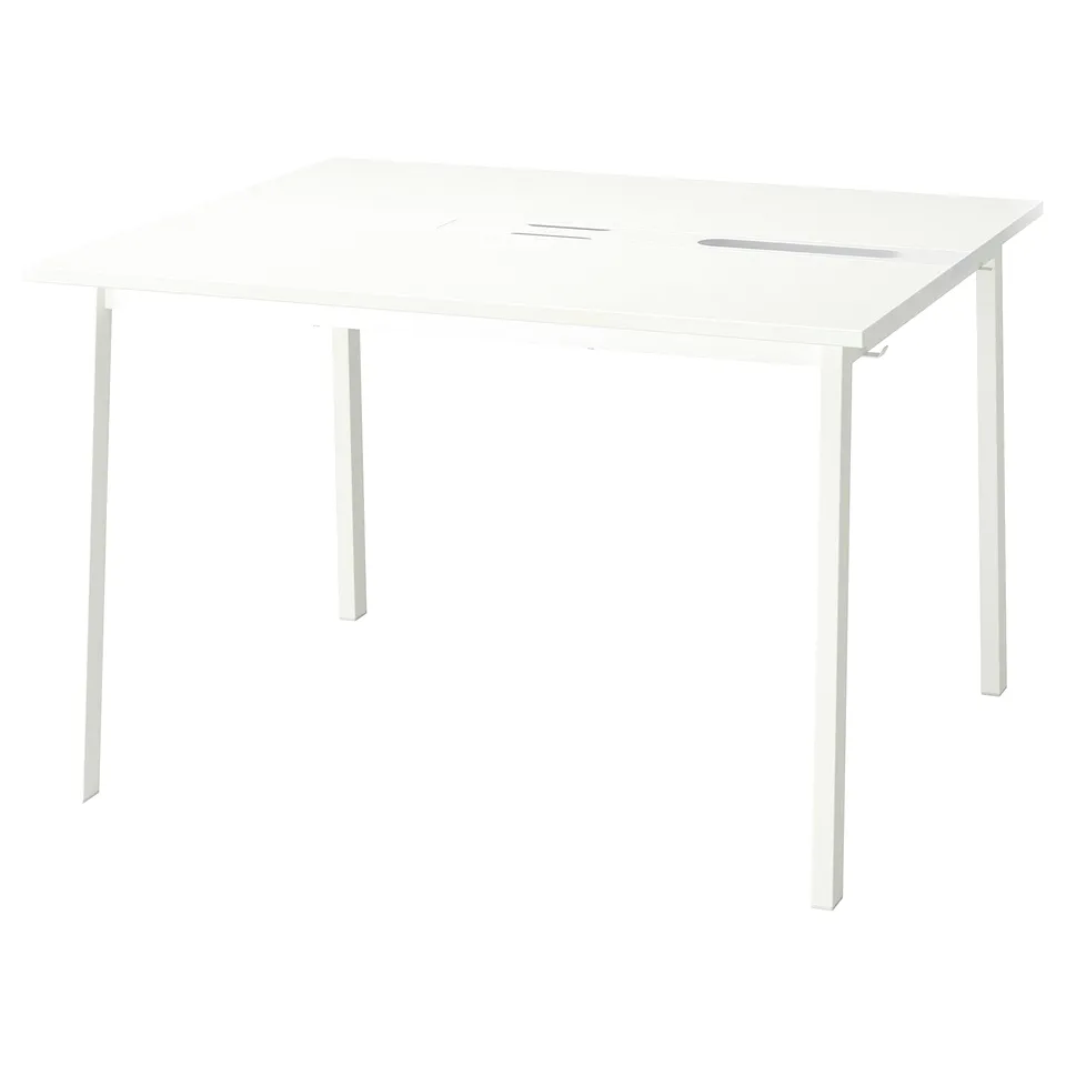 The MITTZON table is a small, white, square-shaped table with clean, simple lines and four metal legs.